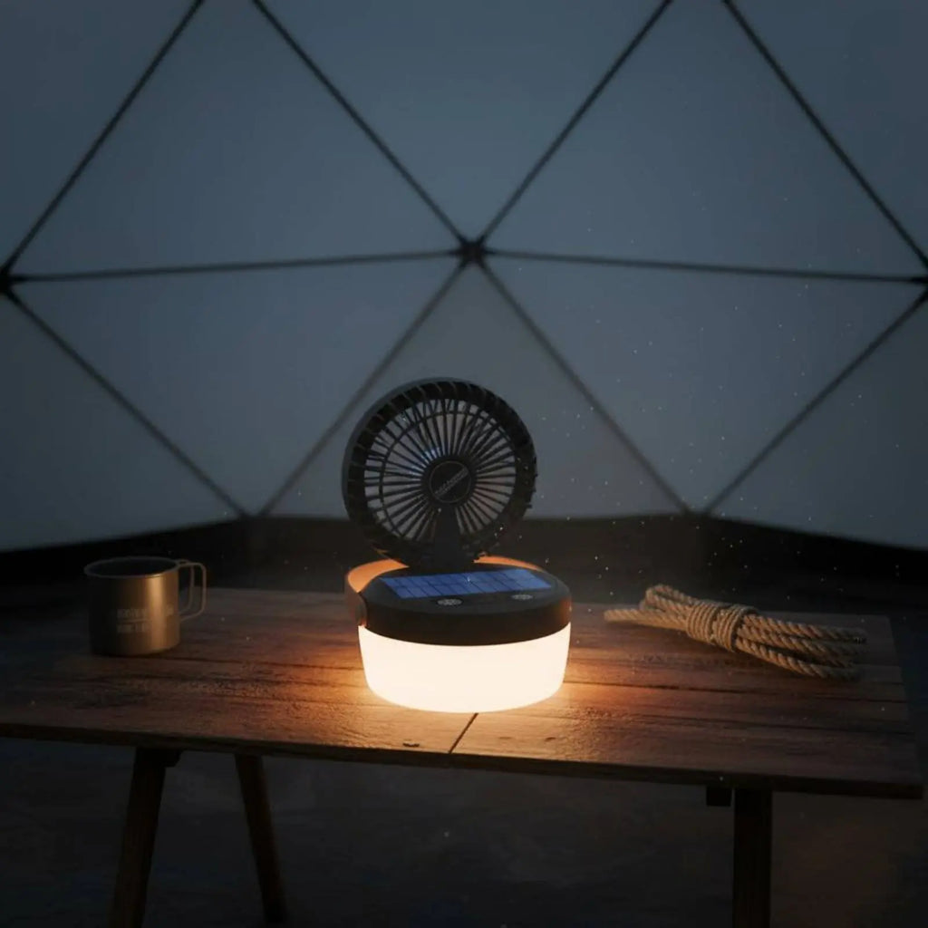 Solar Camping Fan Lantern Foldable Design Triple-Function Camp Lantern Outdoor Gear Hanging Handle for Campers