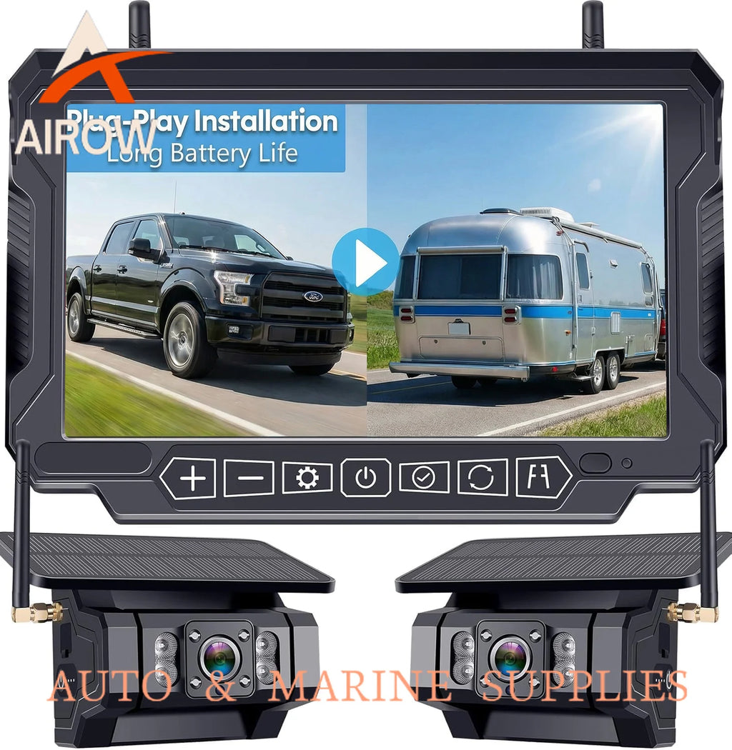 Airow auto Dual Wireless Waterproof RV Backup Camera No-Drill Magnetic Solar/Battery-Powered 7 Inch Split-Screen HD Rear
