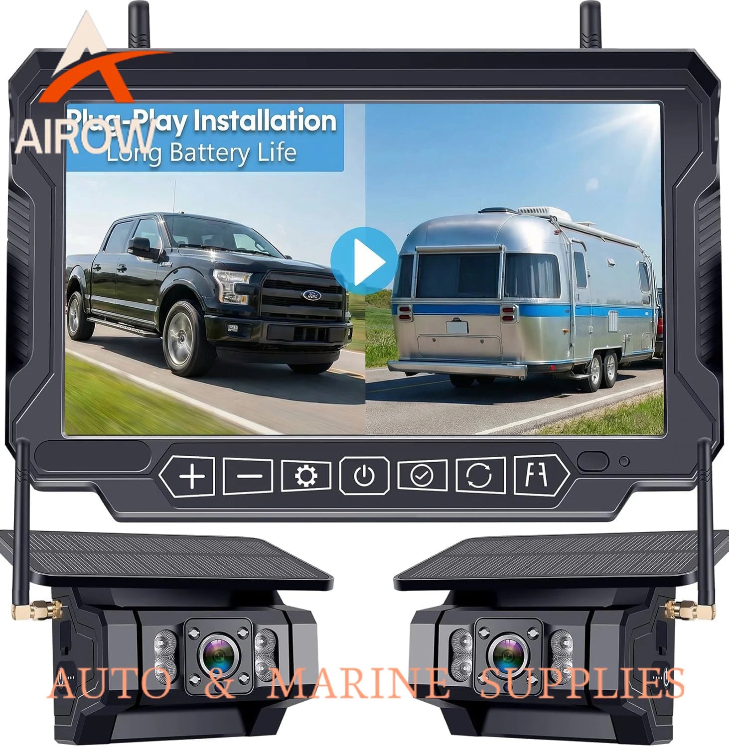 Airow auto Dual Wireless Waterproof RV Backup Camera No-Drill Magnetic Solar/Battery-Powered 7 Inch Split-Screen HD Rear