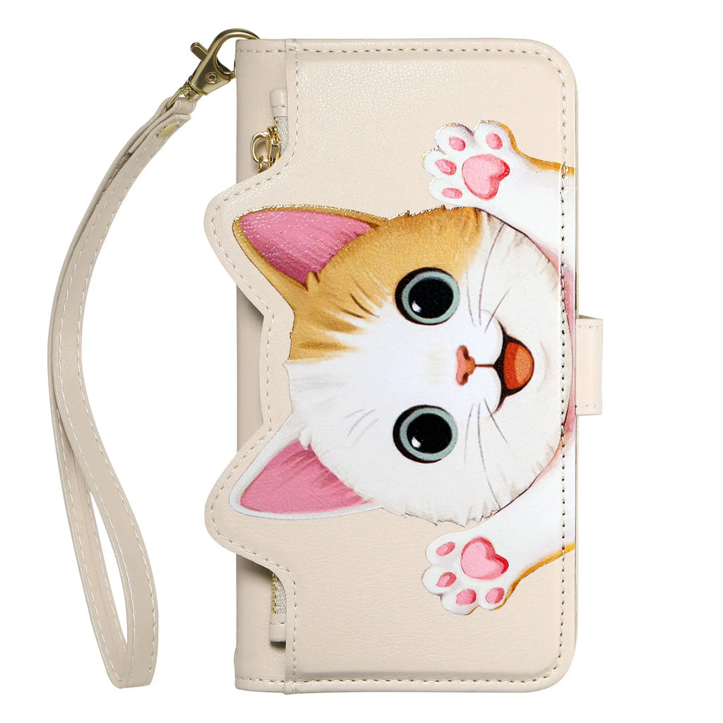 Cute Cat PU Leather Zipper Wrist Strap Flip Wallet Card Slot Phone Case For Motorola MOTO Edge 70 Fusion G32 G53 G34 G35 G77