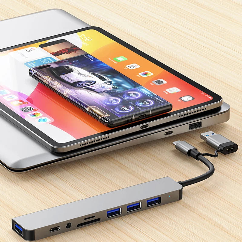 8 in 2 USB +Type C HUB Docking Station with 3.5mm Audio Jack Adapter for Micro SD Card Reader Laptop Tablet Phone Disk Converter