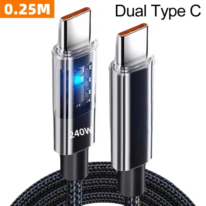 0.25/1/1.5/2M 240W Nylon USB C PD Super Fast Charging Data Cable With LED Display USB To Type C Quick Charge Data Cords New