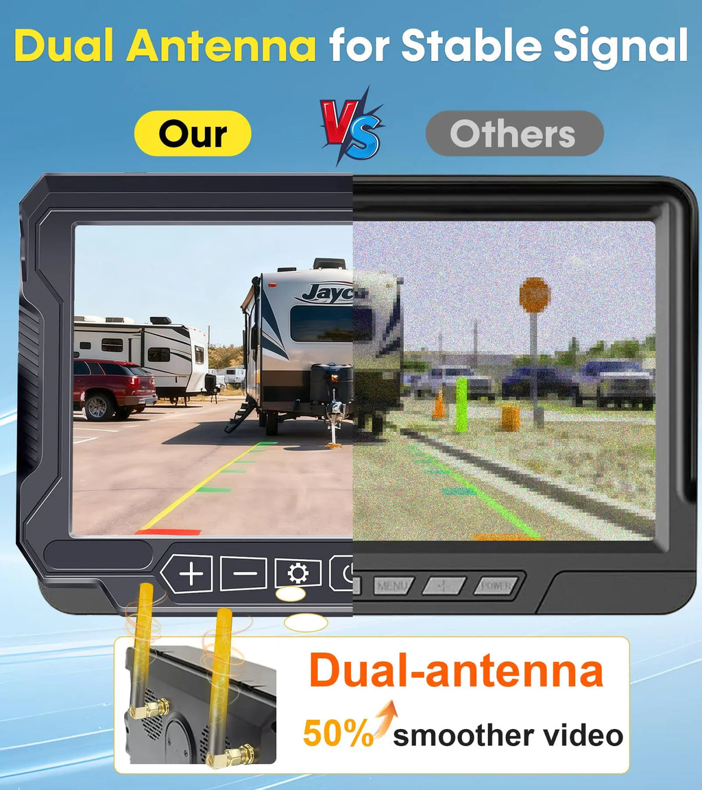 Airow auto Dual Wireless Waterproof RV Backup Camera No-Drill Magnetic Solar/Battery-Powered 7 Inch Split-Screen HD Rear