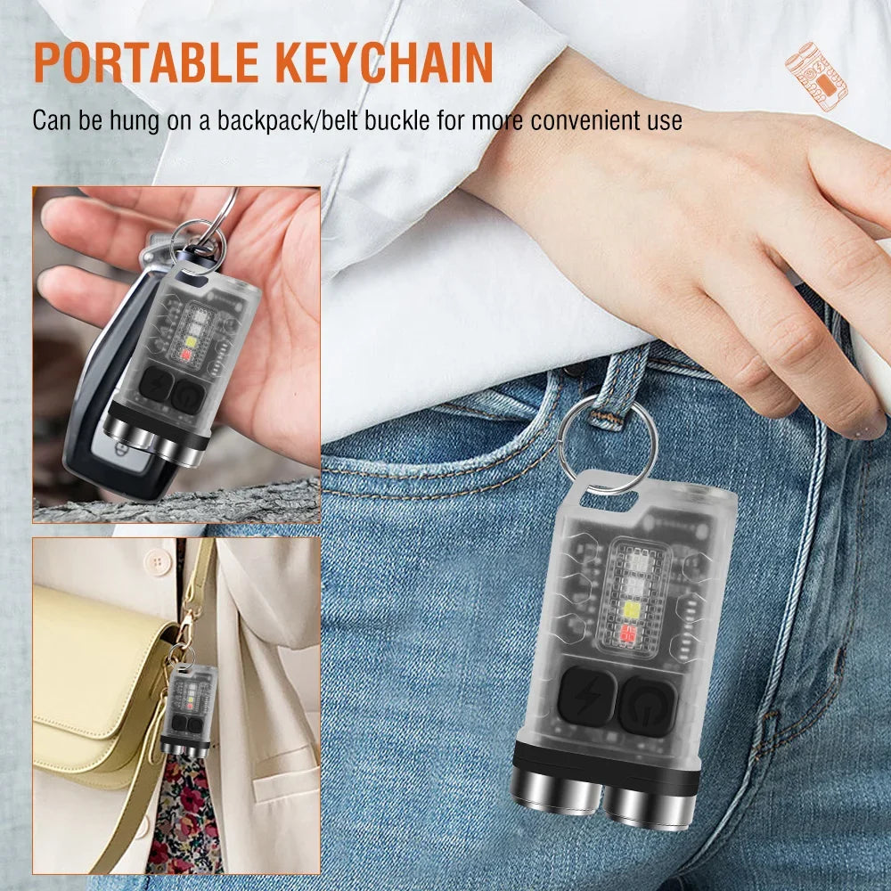 BORUiT V3 LED Keychain Portable 900LM EDC UV Flashlight Work Light Type-C Rechargeable Mini Torch with Magnet UV Pocket Lantern