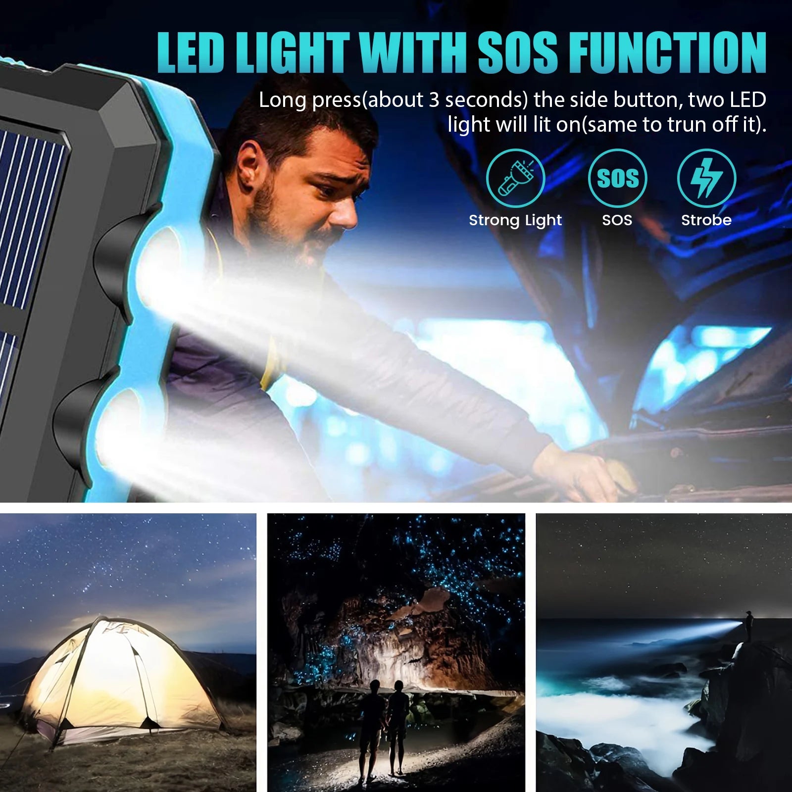 10000mAh Solar Power Bank Portable Waterproof Outdoor Dual 5V 1A USB Ports Fast Charging LED Flashlight for iPhone Tablets