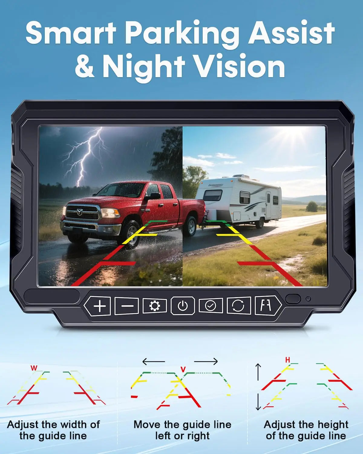 Airow auto Dual Wireless Waterproof RV Backup Camera No-Drill Magnetic Solar/Battery-Powered 7 Inch Split-Screen HD Rear