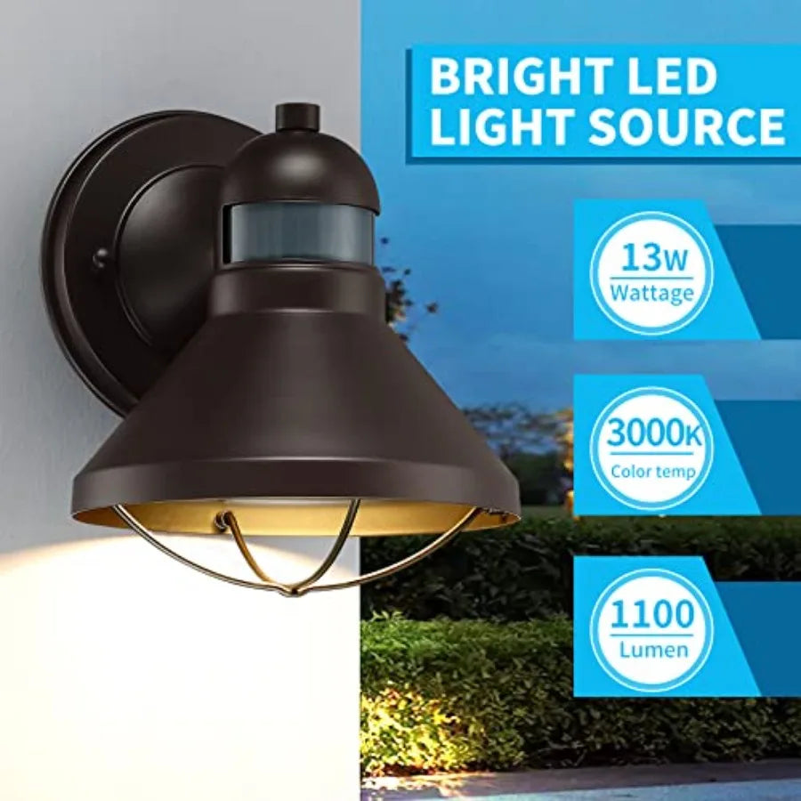 2 Pack Motion Sensor Outdoor LED Wall Sconce Dusk to Dawn Exterior Barn Light Fixtures Brown Outside Porch Lantern Farmhouse Wa