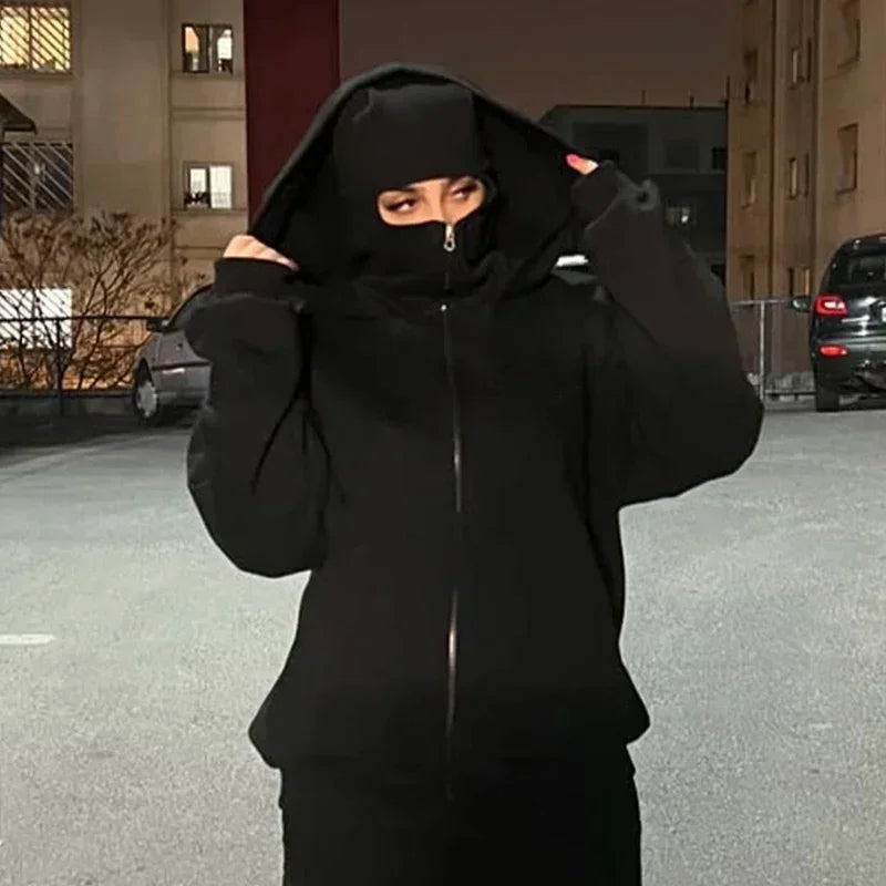2026 Men and women Balaclava Y2K Gothic Harajuku winter new item double hooded sweatshirt men's hooded mask zipper sportswear