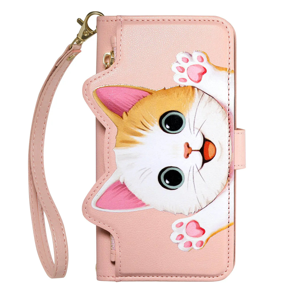 Cute Cat PU Leather Zipper Wrist Strap Flip Wallet Card Slot Phone Case For Motorola MOTO Edge 70 Fusion G32 G53 G34 G35 G77