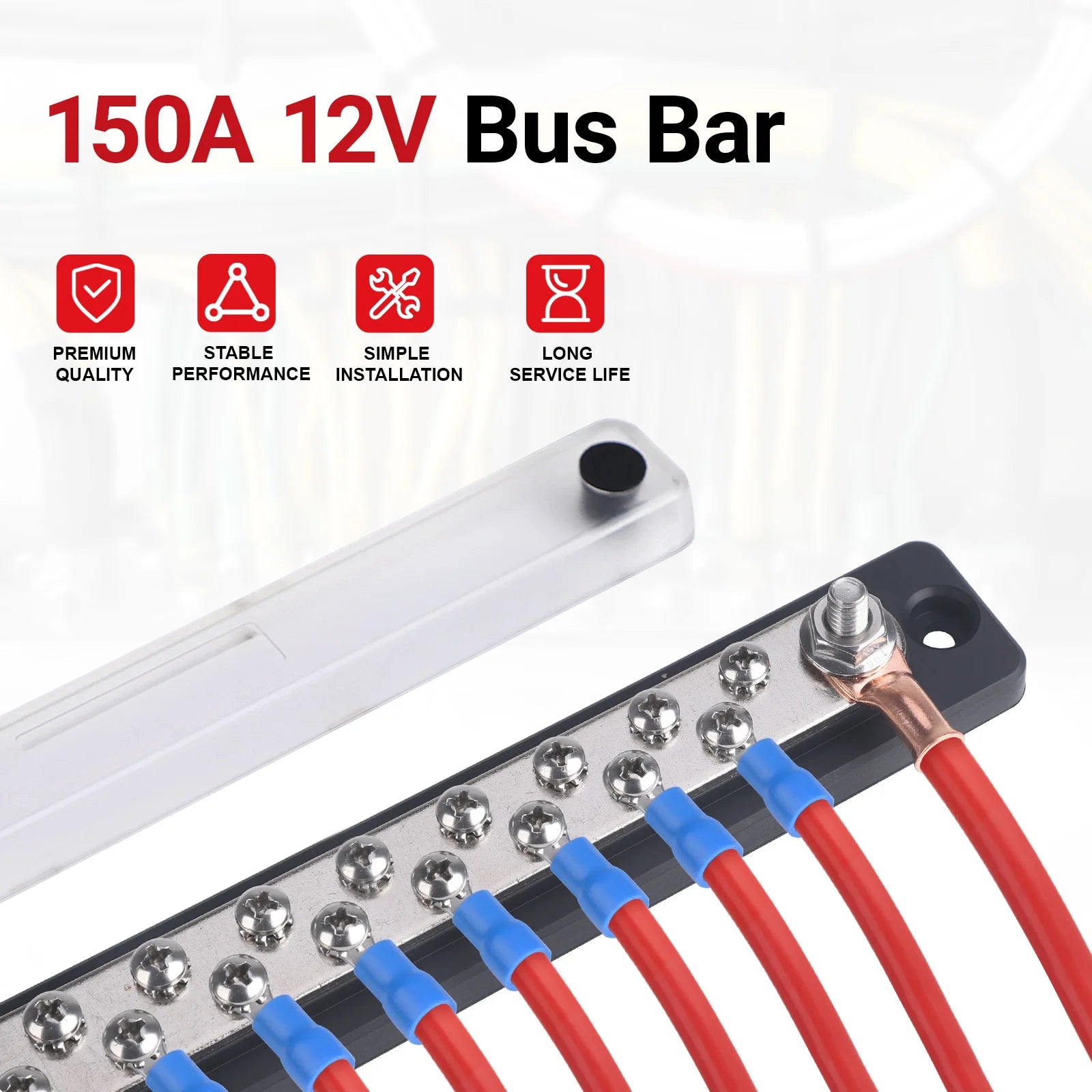 CNSPEED Power Ground Distribution 20 Terminal Bus Bar Kit Heat Shrink Ring Terminals Cover For ABC 123 M6 Studs Black