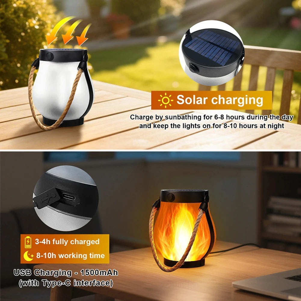 USB Rechargeable Camping Light Solar Flame Lights IPX65 Waterproof 500 Lumens 1500mAh Hanging Lantern Outdoor Lights  for Yards