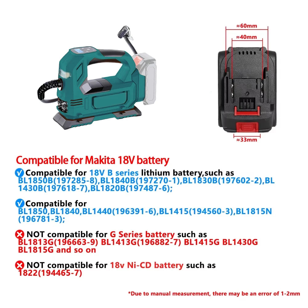 Electric Air Pump Powered Inflator Cordless Car Tire Air Compressor Inflatable Pump For Makita/Dewalt/Milwaukee 18V Battery Pin