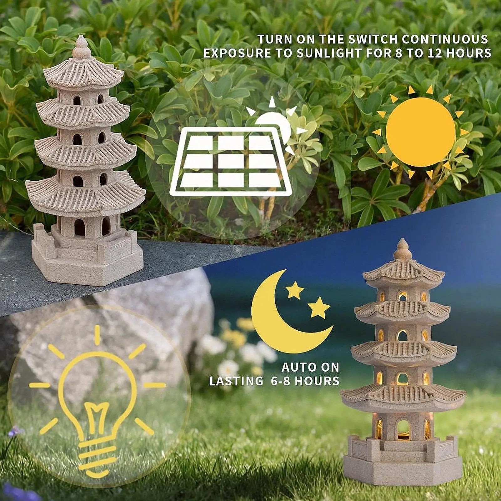 Solar Pagoda Lantern Garden Statue Outdoor Zen Inspired Japanese Lamp Ornament for Landscape Balcony Garden Porch Patio Pathway