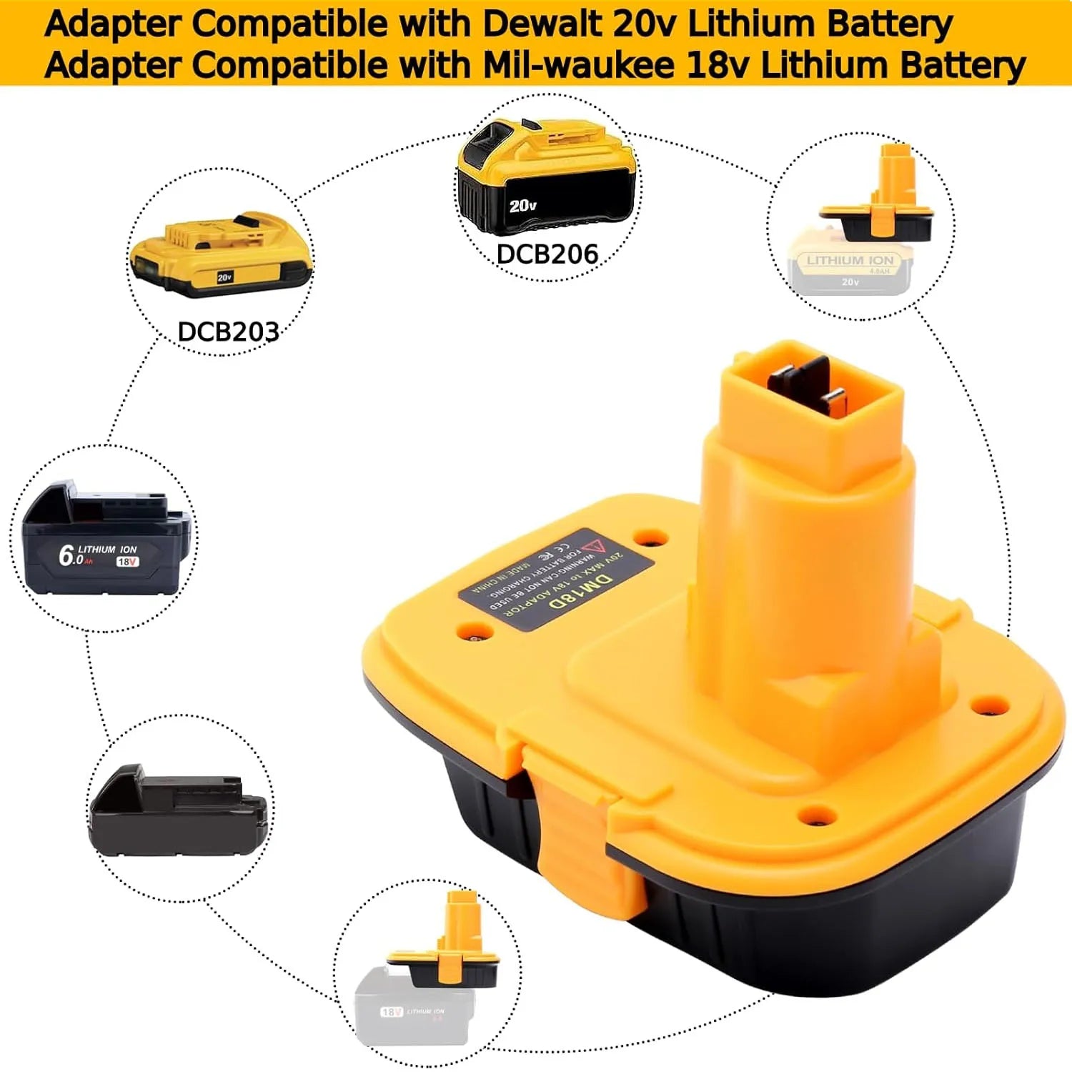 DM18D Battery Adapter with USB Convert for DeWalt 20V&Milwaukee 18V Lithium Battery to For DeWalt NiCad&NiMh Battery Power Tools