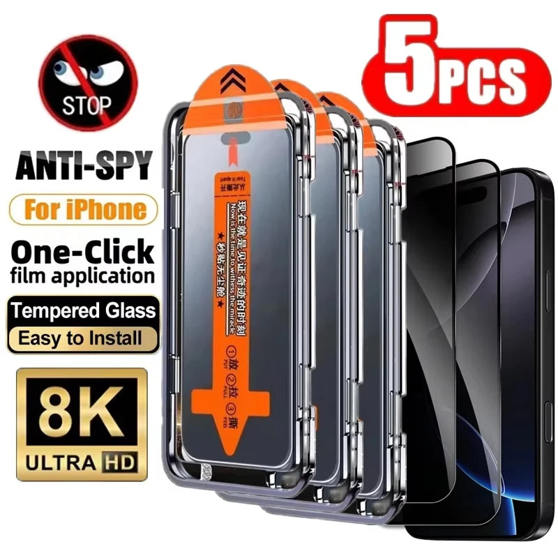 5PCS Privacy Screen Protector for iPhone 15 14 13 12 11 16 17 Pro Max 16e Plus Mini XR Dust Free Install Anti-Spy Tempered Glass