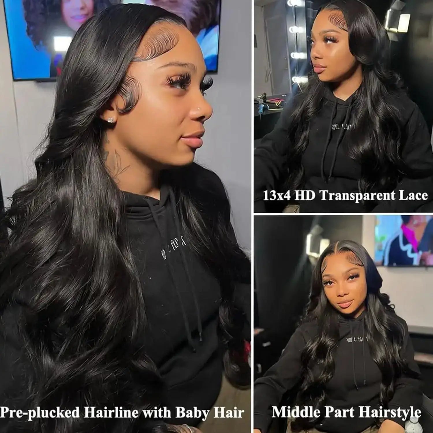 Natural Black Body Wave Remy Human Hair Wigs Lace Front Wig Pre Plucked Hairline 180% Density HD Transparent Lace Frontal Wig
