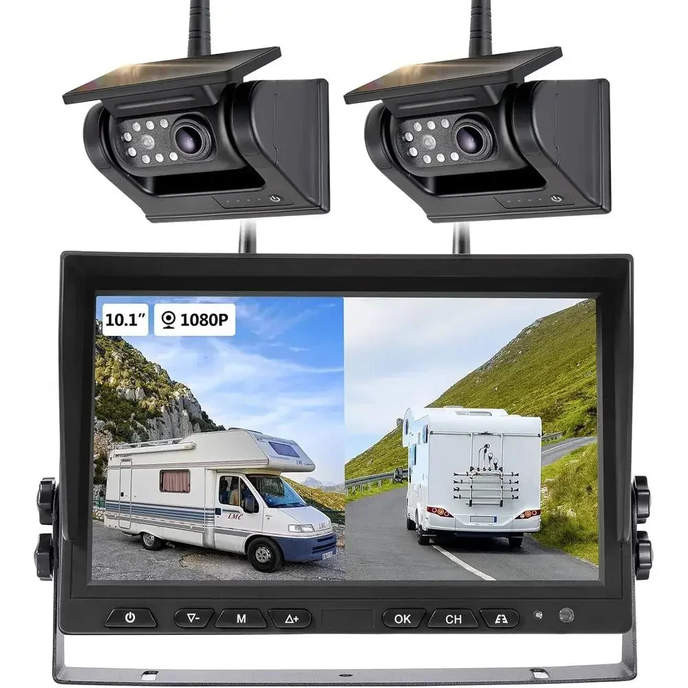 10.1" - 2 Magnetic Solar Wireless Backup Camera, HD 1080P DVR Monitor, Dual RV Cameras System for Hitch Towing RV Camper Trailer