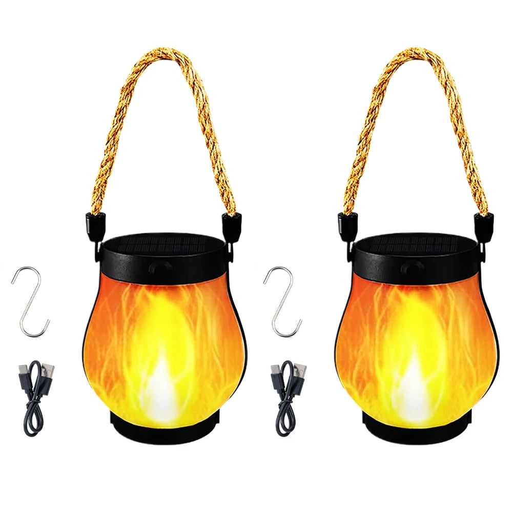 USB Rechargeable Camping Light Solar Flame Lights IPX65 Waterproof 500 Lumens 1500mAh Hanging Lantern Outdoor Lights  for Yards