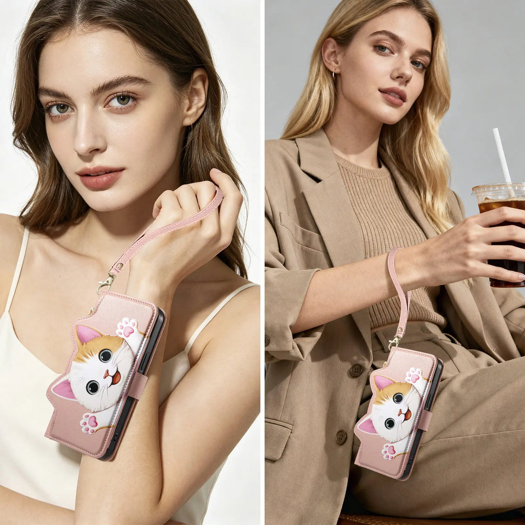 Cute Cat PU Leather Zipper Wrist Strap Flip Wallet Card Slot Phone Case For Motorola MOTO Edge 70 Fusion G32 G53 G34 G35 G77