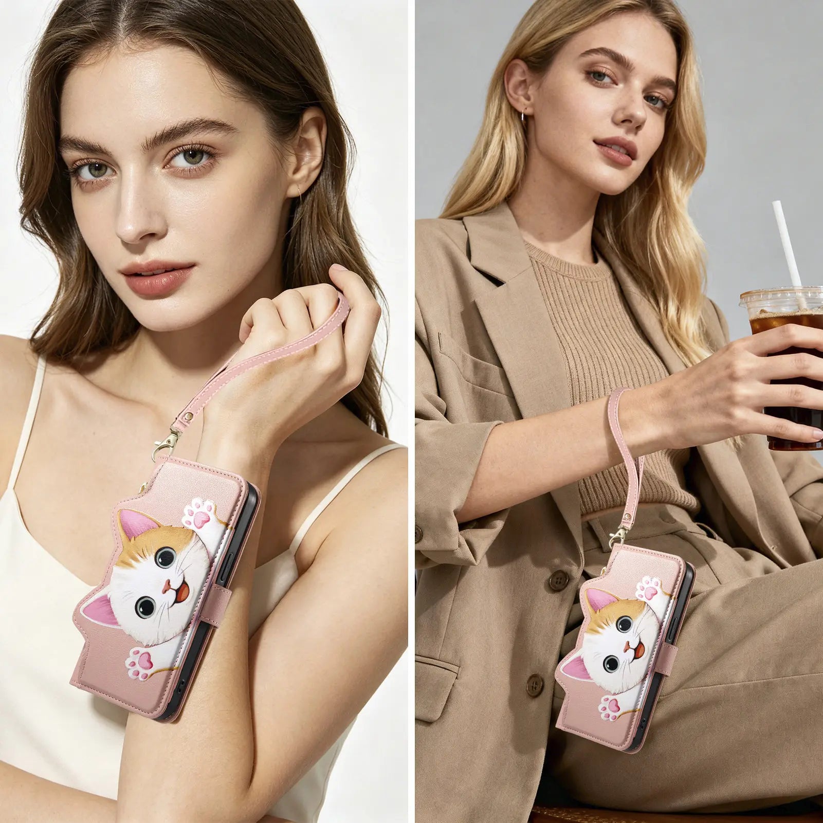 Cute Cat PU Leather Zipper Wrist Strap Flip Wallet Card Slot Phone Case For Motorola MOTO Edge 70 Fusion G32 G53 G34 G35 G77