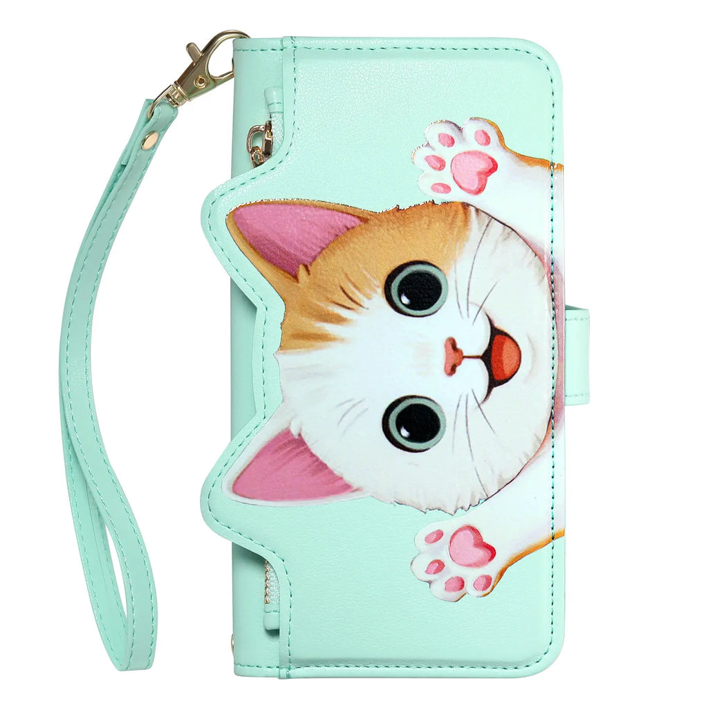 Cute Cat PU Leather Zipper Wrist Strap Flip Wallet Card Slot Phone Case For Motorola MOTO Edge 70 Fusion G32 G53 G34 G35 G77