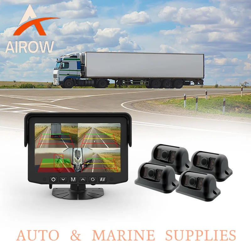 Airow auto 7inch Monitor HD Reverse Backup Camera System IP69K Waterproof 4 Channel Camera for Truck Bus RV Driver Assistance
