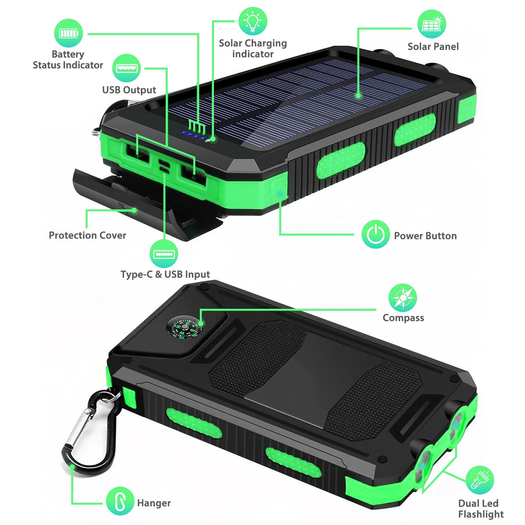 10000mAh Solar Power Bank Portable Waterproof Outdoor Dual 5V 1A USB Ports Fast Charging LED Flashlight for iPhone Tablets