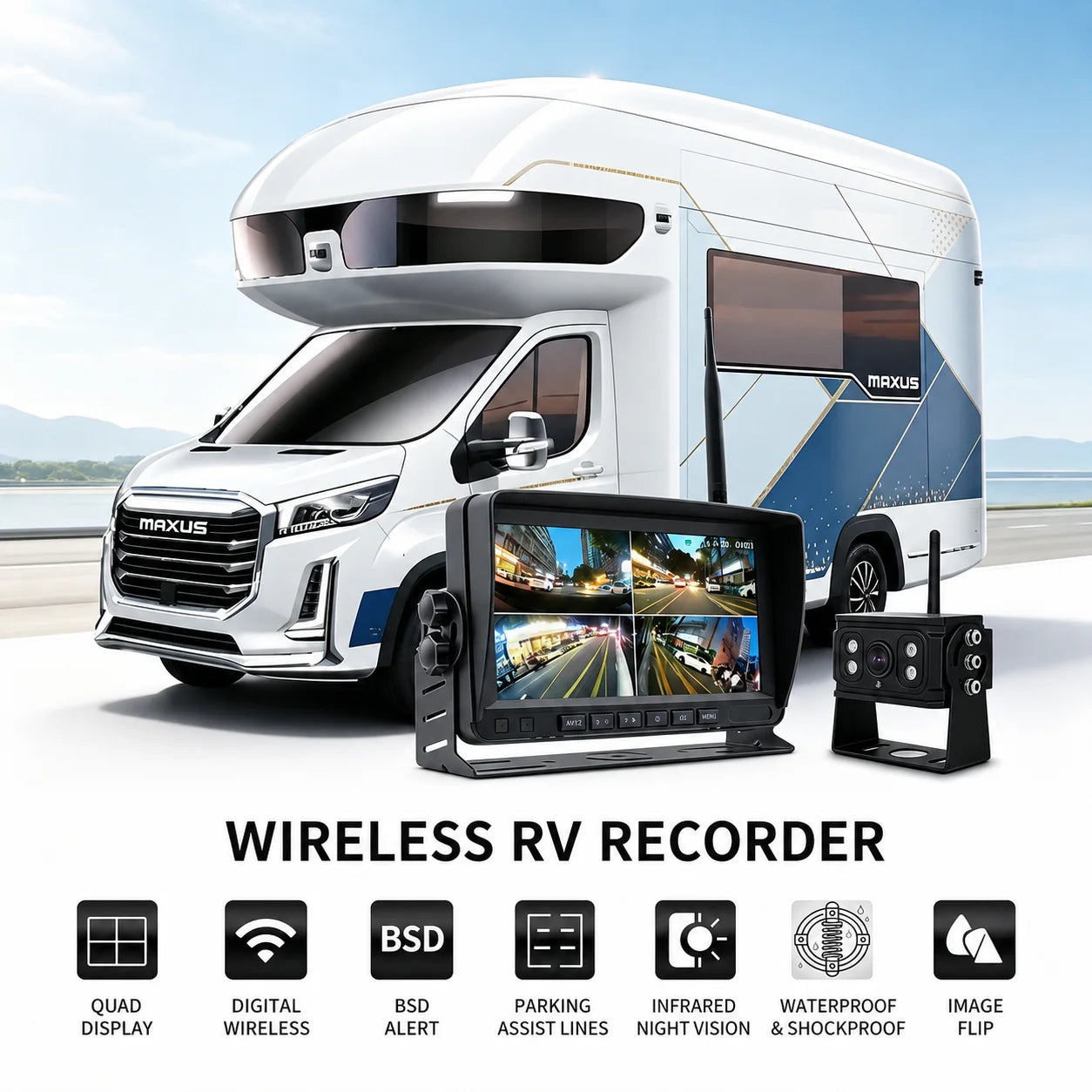 Airow auto 7 Inch Wireless Monitor Kit for Truck RV Forklift with 1080P Rear View Camera IR Night Vision Waterproof and BSD