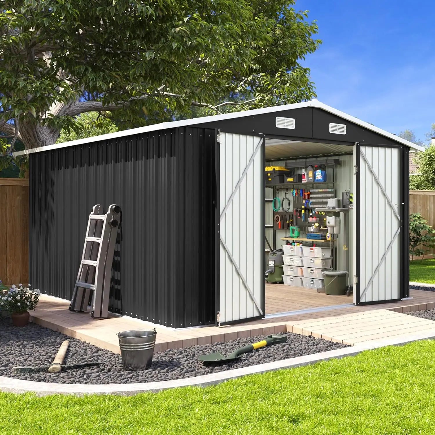 10 x 12FT Outdoor Storage Shed with Double Hinged Large Door Utility Garden Shed with Lockable Door & Sloped Roof, Customized
