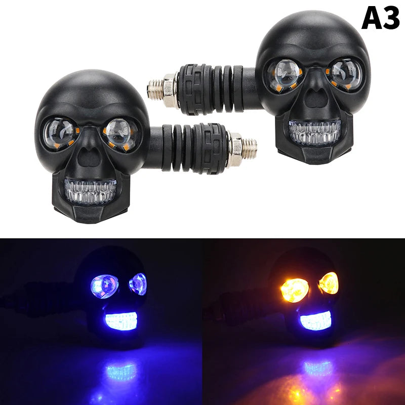 2Pcs Dual Color Moto LED Skull Shape Waterproof Fog Light Turn Signal Auxiliary Headlights ATV Scooter For Racer Spotlight