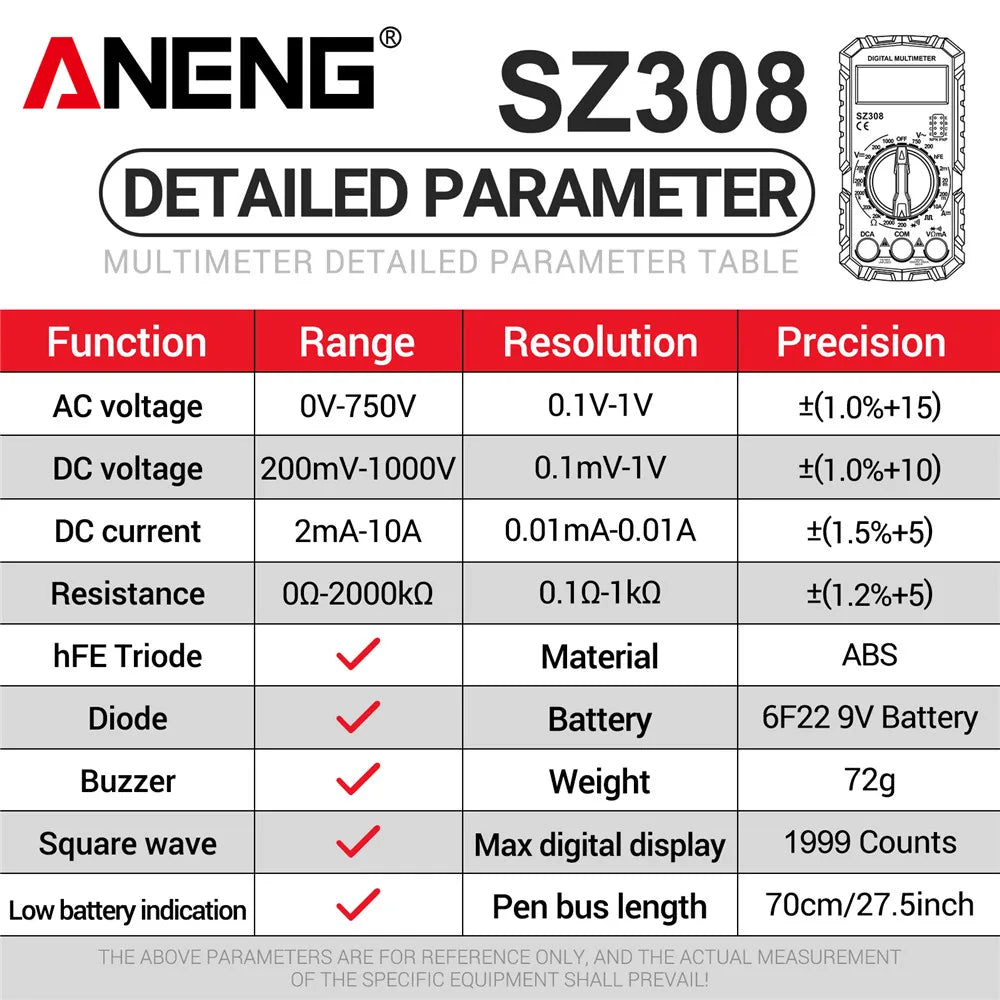 ANENG SZ308 Digital Multimeter   AC/DC Current Meter Voltage Resistance Meter Electrician LCD Screen Ohm Square Wave Test