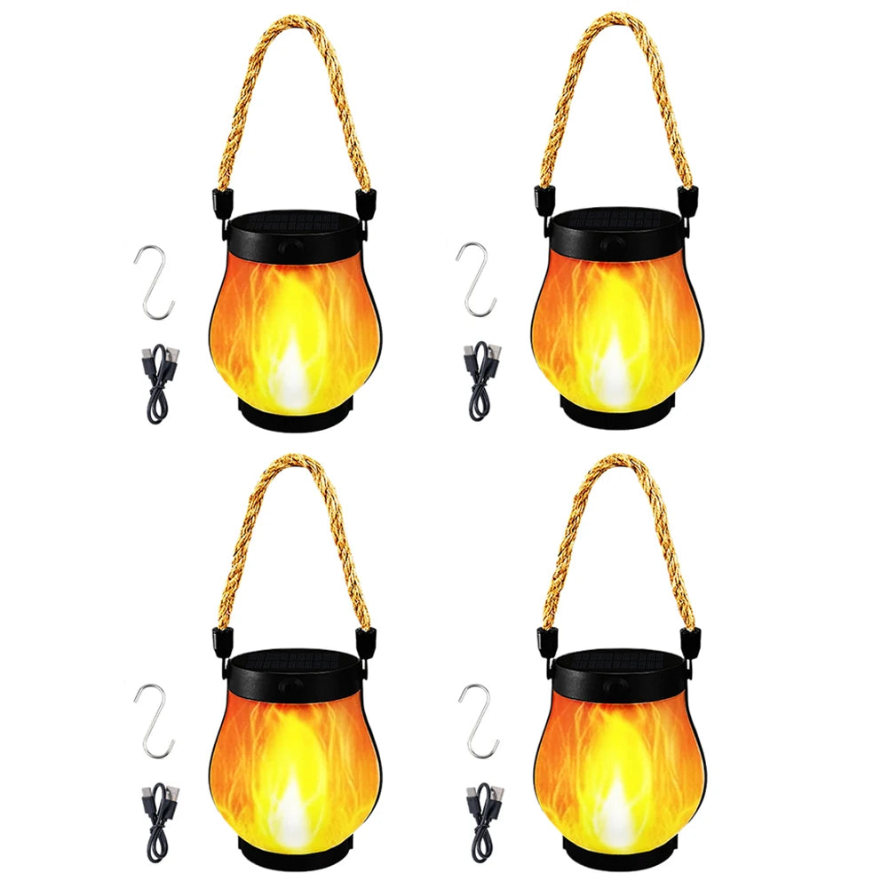 USB Rechargeable Camping Light Solar Flame Lights IPX65 Waterproof 500 Lumens 1500mAh Hanging Lantern Outdoor Lights  for Yards