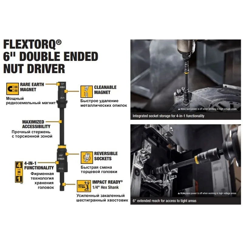 DEWALT DWADENDEXT-2MM 4-in-1 Magnetic Socket - 7/8/10/13mm, 6'' Extension Rod, Double Ended Nut Driver for DIY/Repairs
