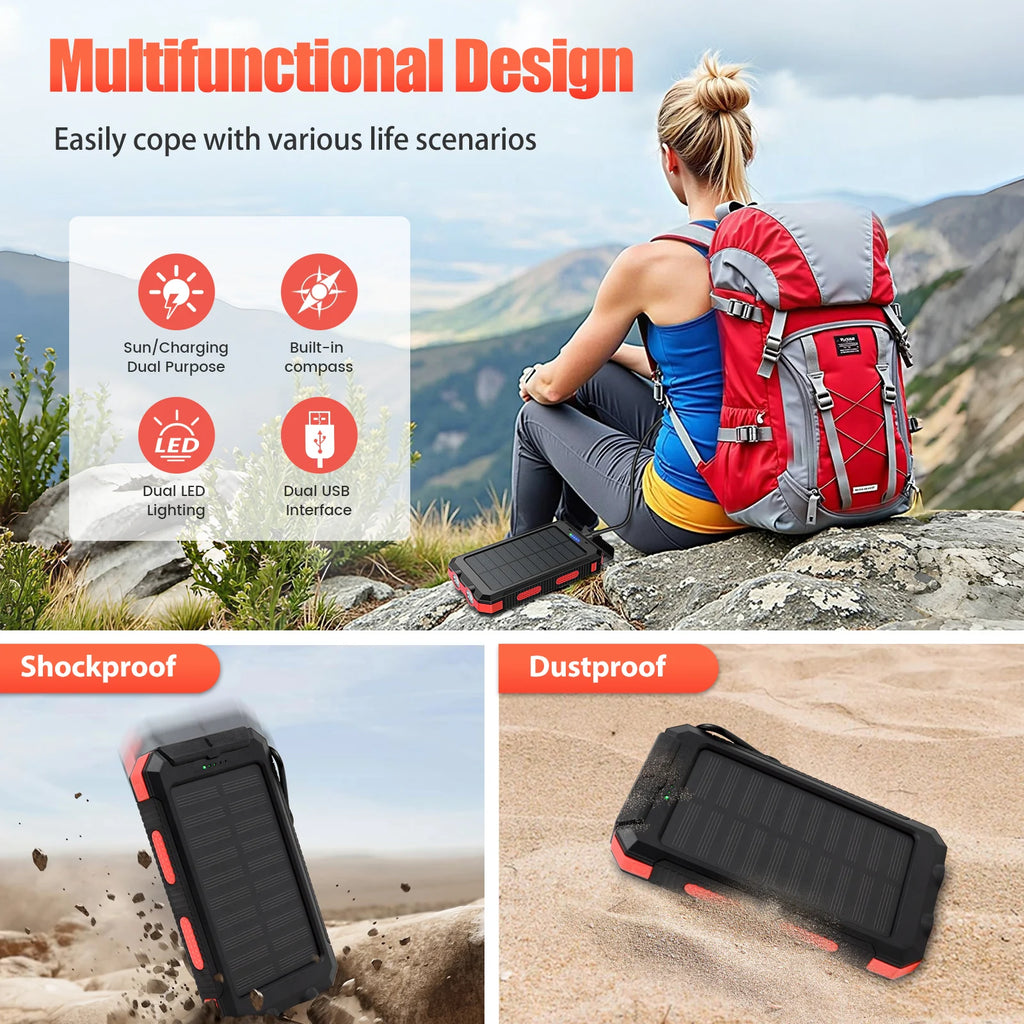 10000mAh Solar Power Bank Portable Waterproof Outdoor Dual 5V 1A USB Ports Fast Charging LED Flashlight for iPhone Tablets