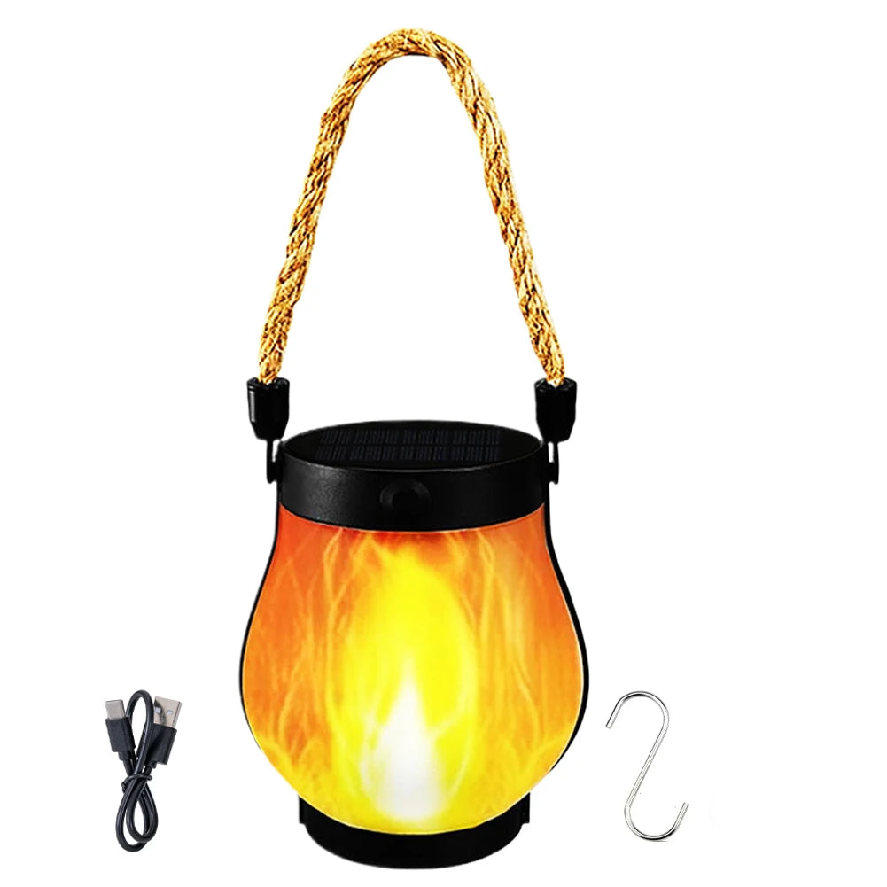 USB Rechargeable Camping Light Solar Flame Lights IPX65 Waterproof 500 Lumens 1500mAh Hanging Lantern Outdoor Lights  for Yards