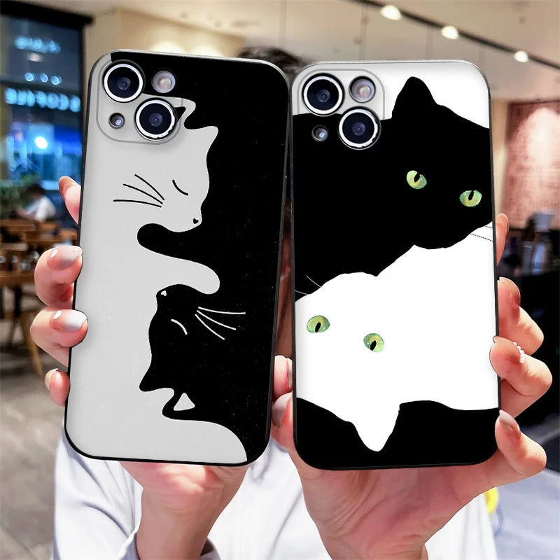 Cartoon Black White Cat Lovers Couple Phone Case for Motorola Moto Edge 50 Fusion 60 40 30 Neo G34 E14 G75 G85 G54 5G Soft Cover