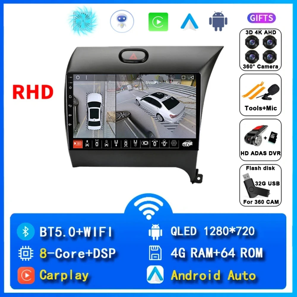 9"  Android 15 For Kia Cerato 3 K3 Forte 2013 - 2017 Car Radio Multimedia Video Player Navigation GPS Carplay 2 Din 4G