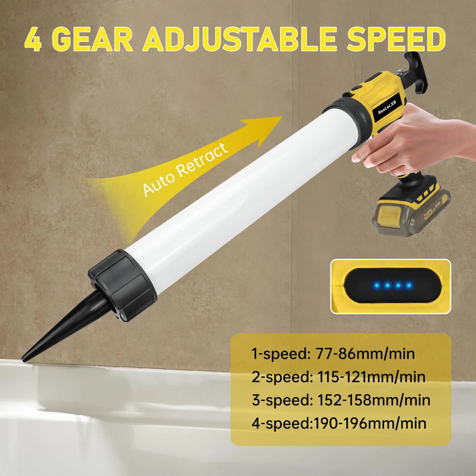 Cordless Caulking Gun 20oz/600ml Electric Silicone Gun 4 Speed Drip-free Filling Sealing Repair Tool for Dewalt 20V Battery Pin