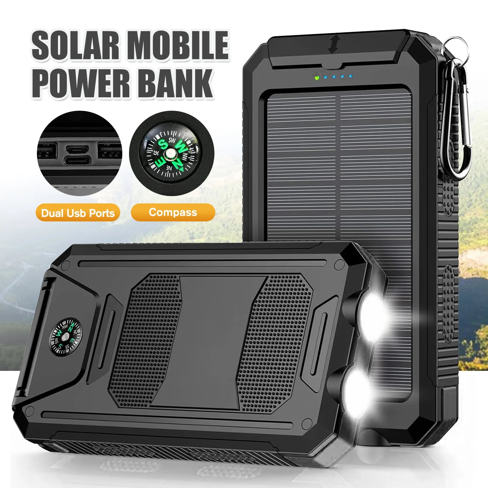 10000mAh Solar Power Bank Portable Waterproof Outdoor Dual 5V 1A USB Ports Fast Charging LED Flashlight for iPhone Tablets
