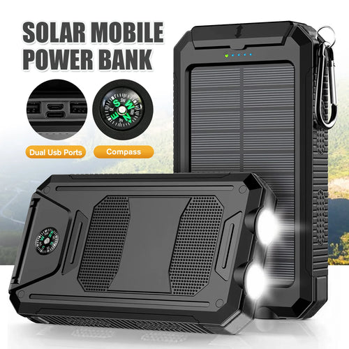 10000mAh Solar Power Bank Portable Waterproof Outdoor Dual 5V 1A USB Ports Fast Charging LED Flashlight for iPhone Tablets