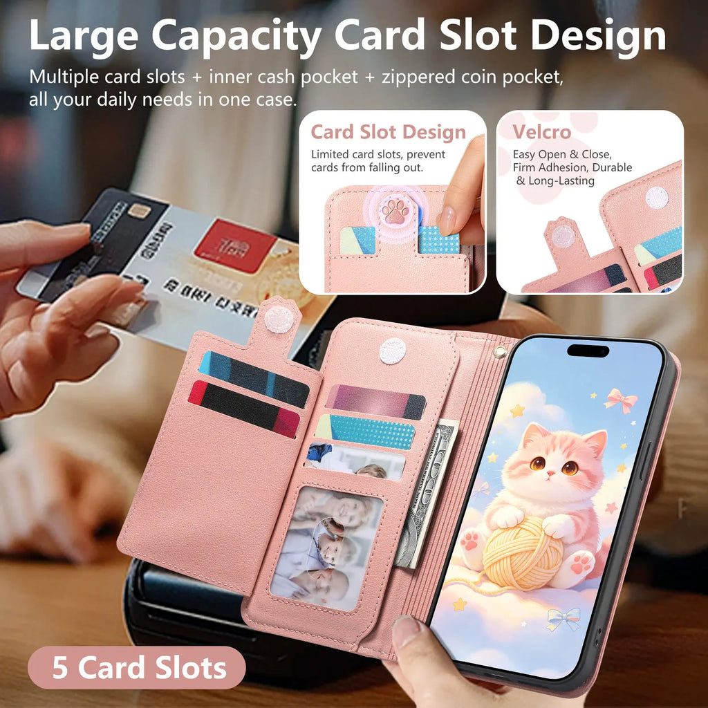 Cute Cat PU Leather Zipper Wrist Strap Flip Wallet Card Slot Phone Case For Motorola MOTO Edge 70 Fusion G32 G53 G34 G35 G77
