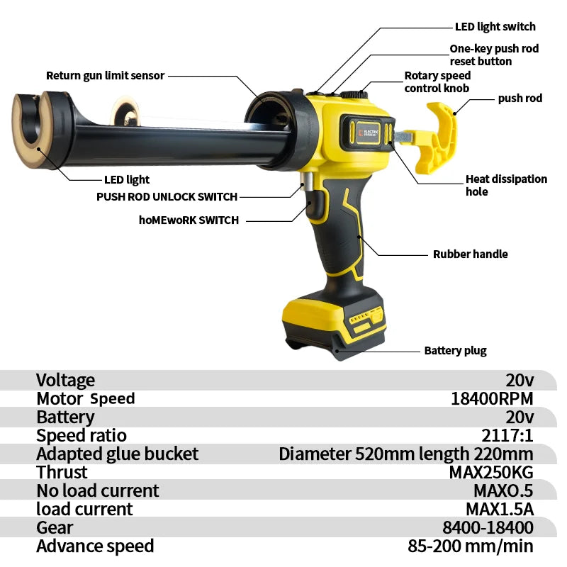 Cordless Electric Glass Caulking Gun Multifunctional Adjustable Speed Filling Glue Gun For Dewalt 20V Battery Pin(No Battery)