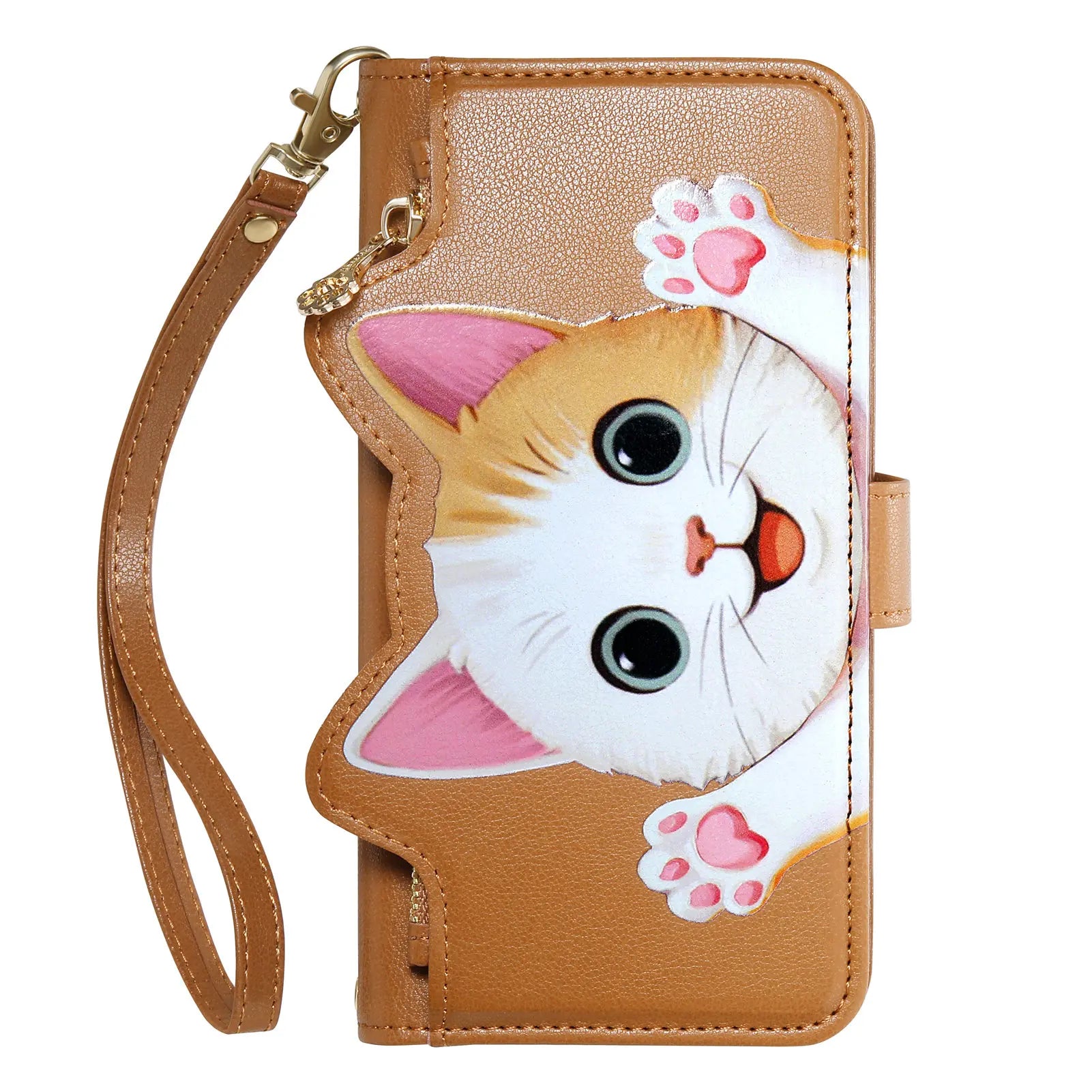 Cute Cat PU Leather Zipper Wrist Strap Flip Wallet Card Slot Phone Case For Motorola MOTO Edge 70 Fusion G32 G53 G34 G35 G77
