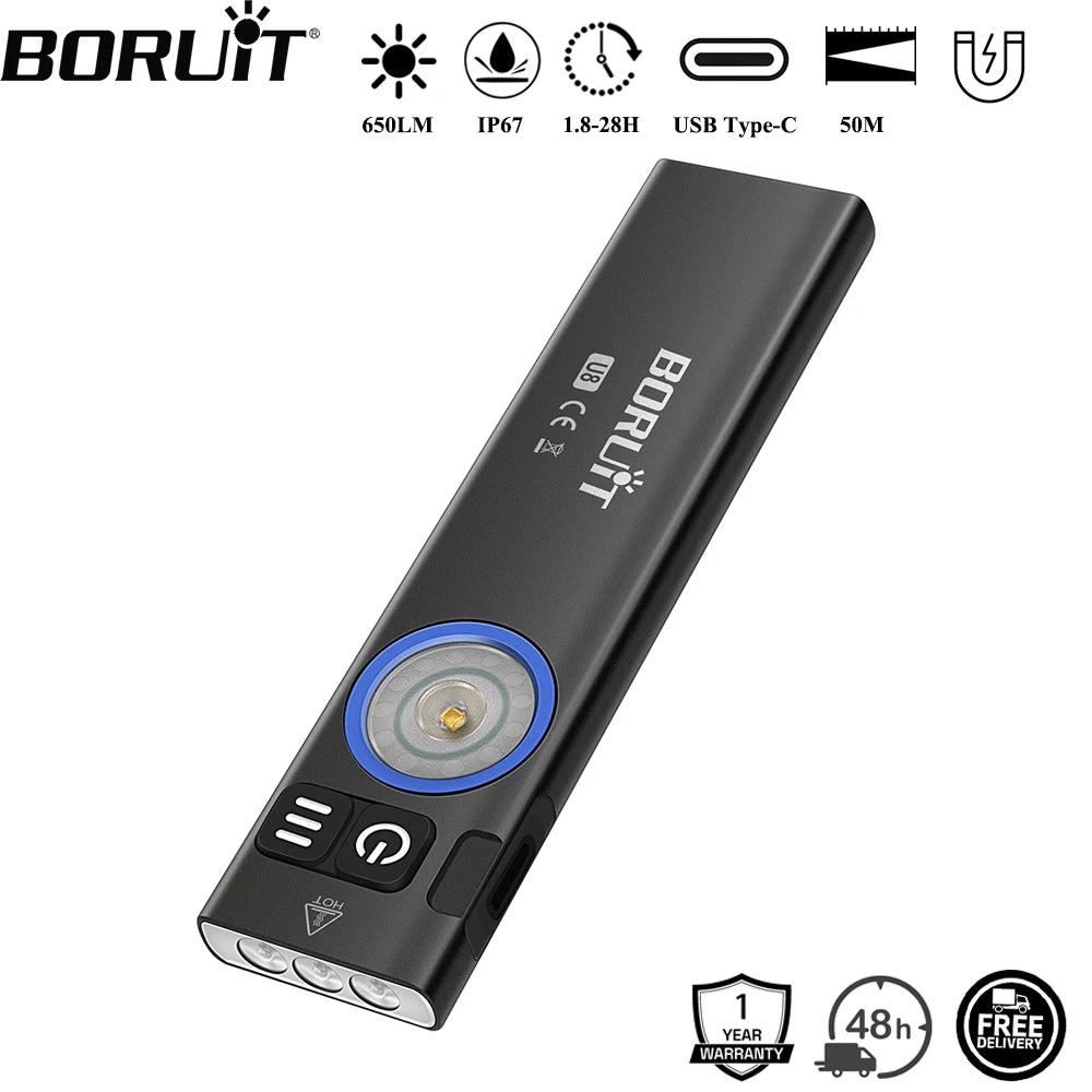 BORUiT U8 650LM EDC LED Flashlight Type-C Rechargeable Work Light Torch with Magnet Waterproof Camping Pocket Lantern