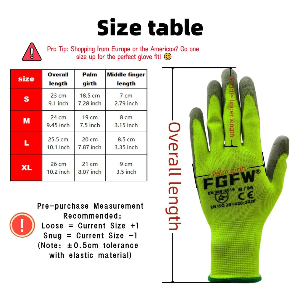 10 Pairs PU Coated Work Gloves - Lightweight, Durable Safety Gloves EN 388/ISO20471 Certified, Sizes S/M/L/XL