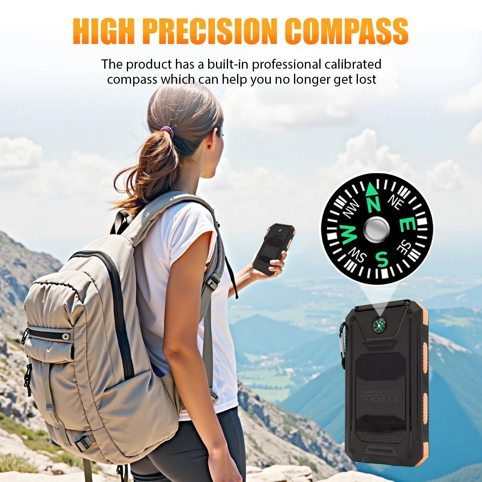 10000mAh Solar Power Bank Portable Waterproof Outdoor Dual 5V 1A USB Ports Fast Charging LED Flashlight for iPhone Tablets