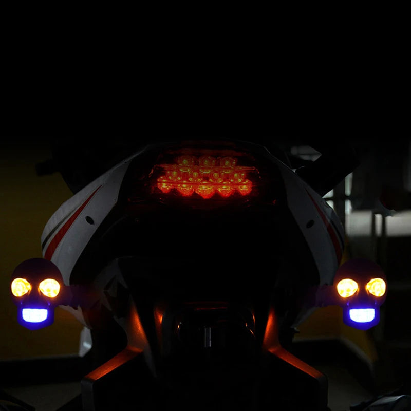 2Pcs Dual Color Moto LED Skull Shape Waterproof Fog Light Turn Signal Auxiliary Headlights ATV Scooter For Racer Spotlight
