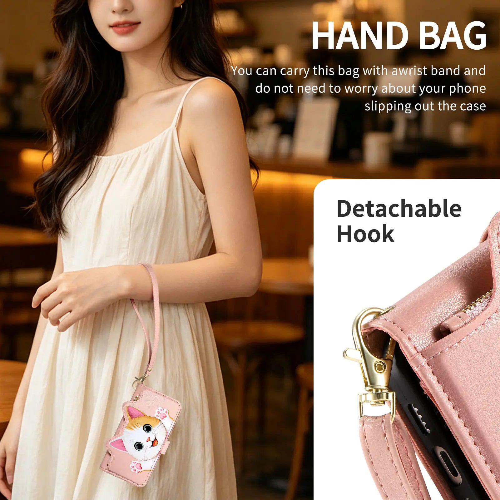 Cute Cat PU Leather Zipper Wrist Strap Flip Wallet Card Slot Phone Case For Motorola MOTO Edge 70 Fusion G32 G53 G34 G35 G77