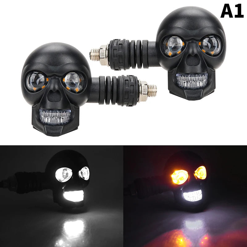 2Pcs Dual Color Moto LED Skull Shape Waterproof Fog Light Turn Signal Auxiliary Headlights ATV Scooter For Racer Spotlight