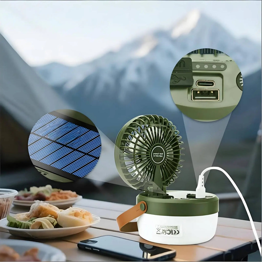 Solar Camping Fan Lantern Foldable Design Triple-Function Camp Lantern Outdoor Gear Hanging Handle for Campers